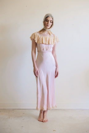 1930s pink silk satin lace braided gown, France