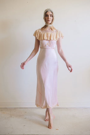 1930s pink silk satin lace braided gown, France
