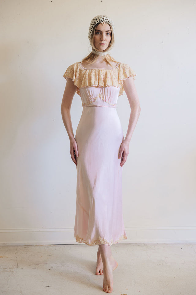 1930s pink silk satin lace braided gown, France