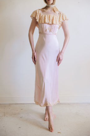 1930s pink silk satin lace braided gown, France