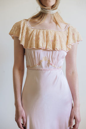 1930s pink silk satin lace braided gown, France