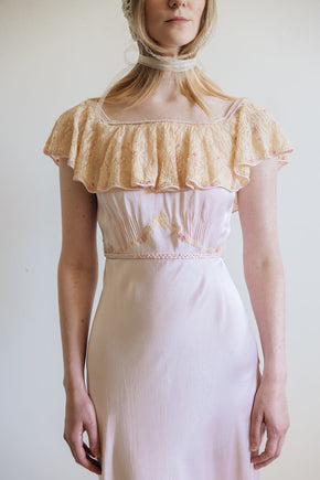 1930s pink silk satin lace braided gown, France