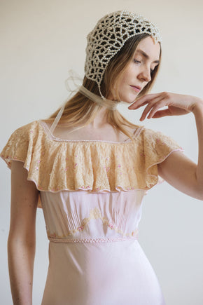 1930s pink silk satin lace braided gown, France