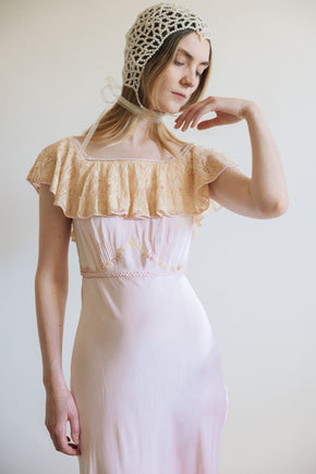 1930s pink silk satin lace braided gown, France