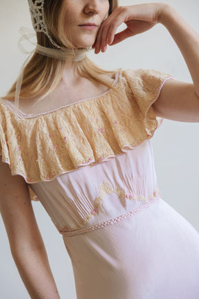 1930s pink silk satin lace braided gown, France