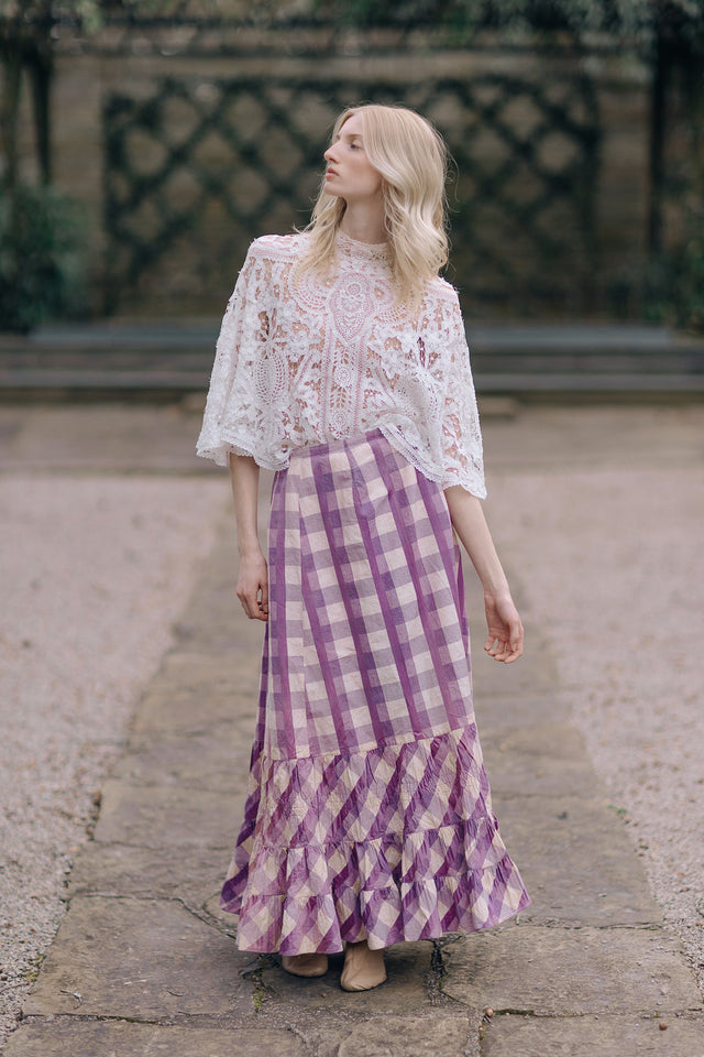 1890s Checkered sateen ruffled skirt