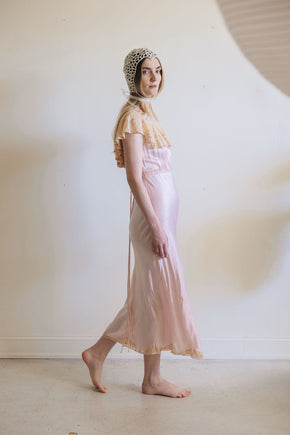1930s pink silk satin lace braided gown, France
