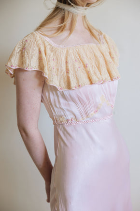 1930s pink silk satin lace braided gown, France