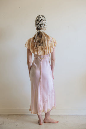 1930s pink silk satin lace braided gown, France