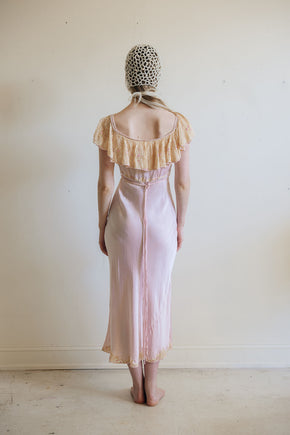 1930s pink silk satin lace braided gown, France