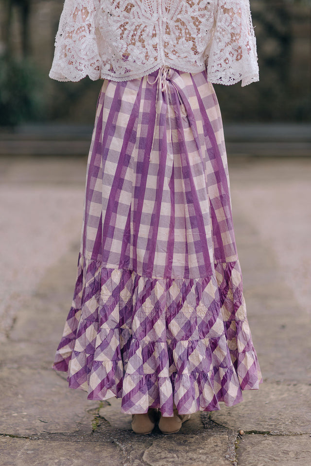 1890s Checkered sateen ruffled skirt