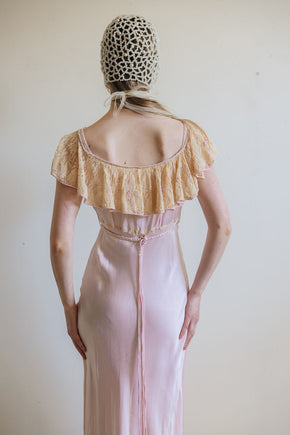 1930s pink silk satin lace braided gown, France