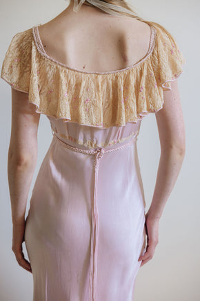 1930s pink silk satin lace braided gown, France
