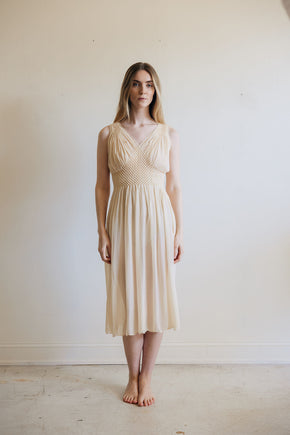 1930s yellow honeycomb smocked silk nightgown