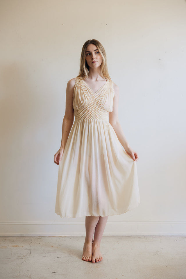 1930s yellow honeycomb smocked silk nightgown