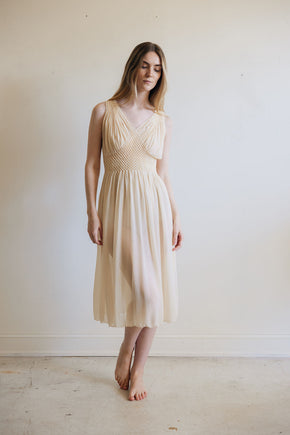 1930s yellow honeycomb smocked silk nightgown