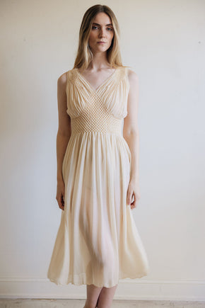 1930s yellow honeycomb smocked silk nightgown