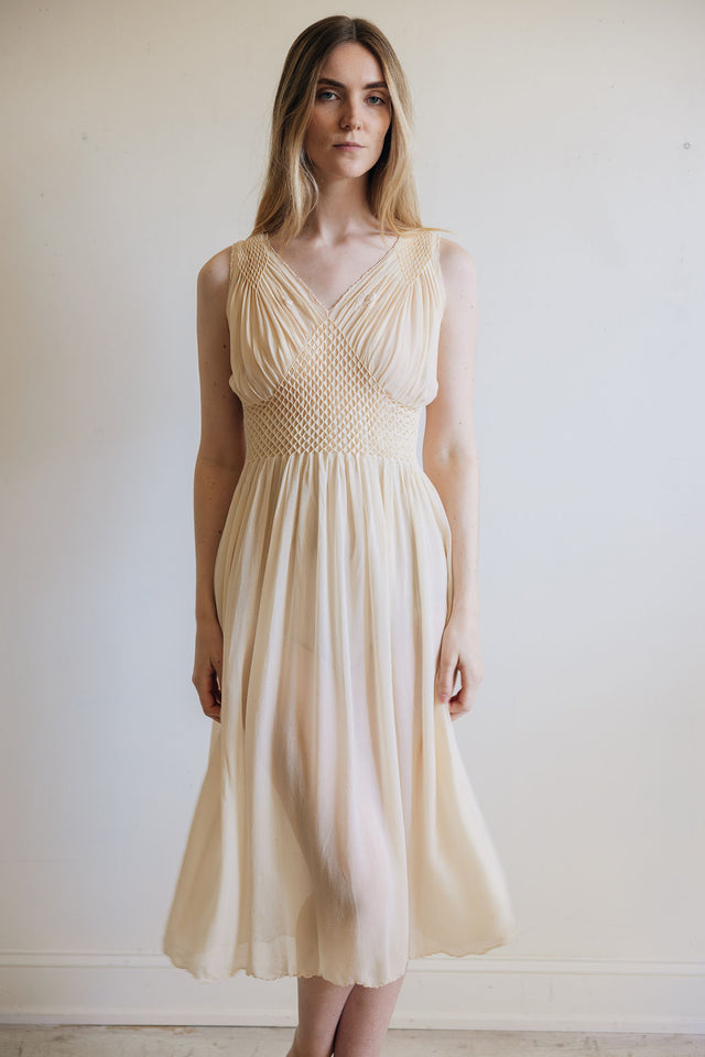 1930s yellow honeycomb smocked silk nightgown