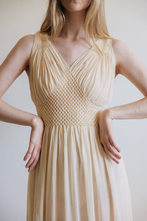 1930s yellow honeycomb smocked silk nightgown
