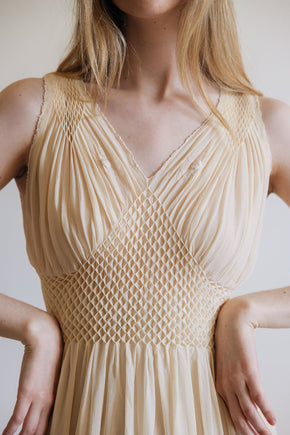 1930s yellow honeycomb smocked silk nightgown