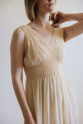 1930s yellow honeycomb smocked silk nightgown