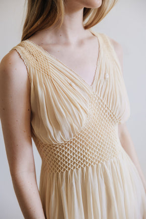 1930s yellow honeycomb smocked silk nightgown