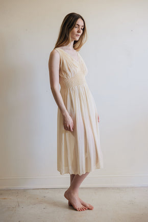 1930s yellow honeycomb smocked silk nightgown
