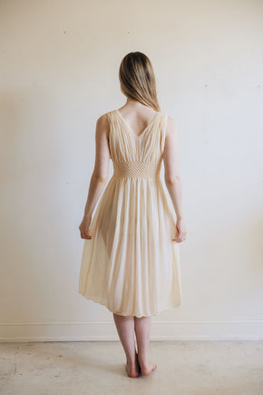 1930s yellow honeycomb smocked silk nightgown