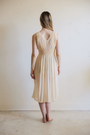 1930s yellow honeycomb smocked silk nightgown