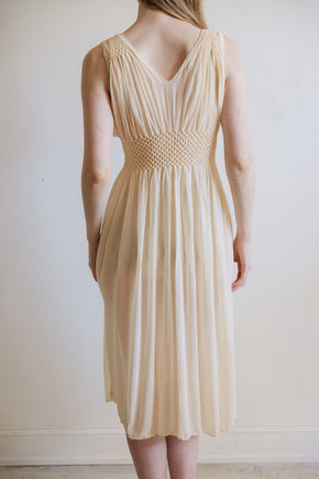 1930s yellow honeycomb smocked silk nightgown