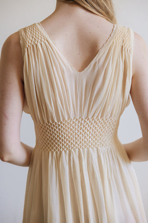 1930s yellow honeycomb smocked silk nightgown