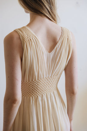 1930s yellow honeycomb smocked silk nightgown