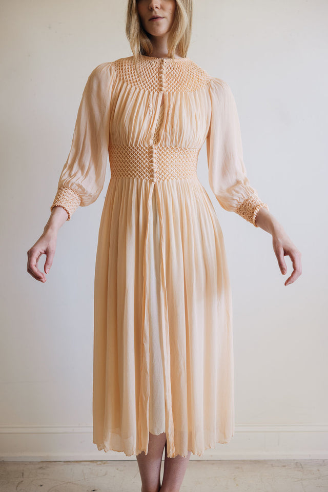 1930s honeycomb smocked silk robe