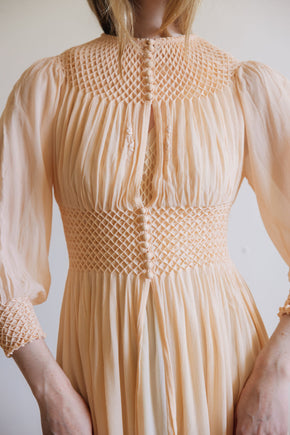 1930s honeycomb smocked silk robe