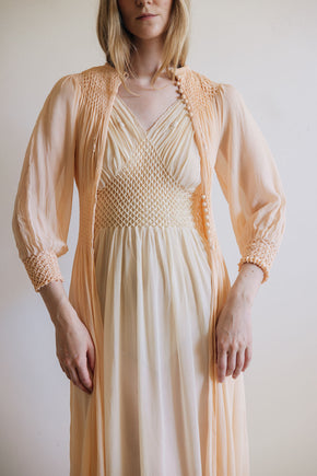 1930s yellow honeycomb smocked silk nightgown