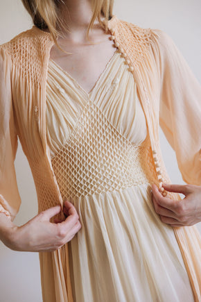 1930s yellow honeycomb smocked silk nightgown