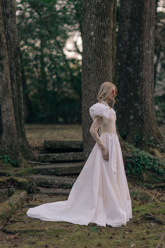 Vintage puff sleeve lace wedding gown