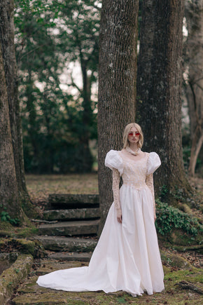 Vintage puff sleeve lace wedding gown