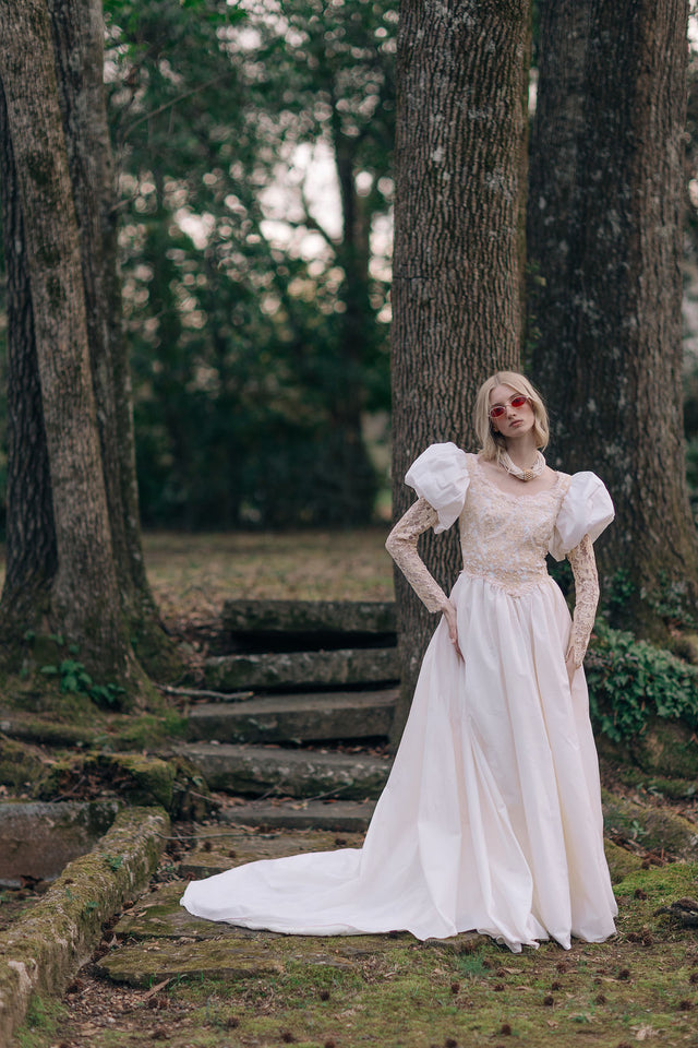 Vintage puff sleeve lace wedding gown