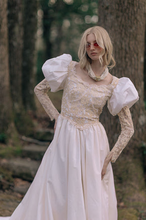 Vintage puff sleeve lace wedding gown