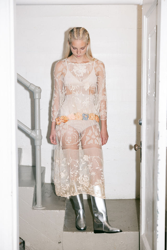 1920s filet lace net rossette dress