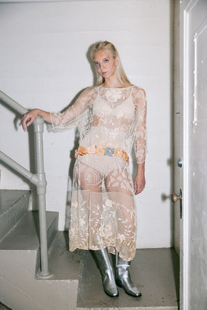 1920s filet lace net rossette dress
