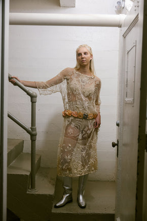 1920s filet lace net rossette dress
