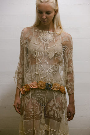 1920s filet lace net rossette dress