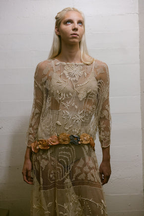 1920s filet lace net rossette dress