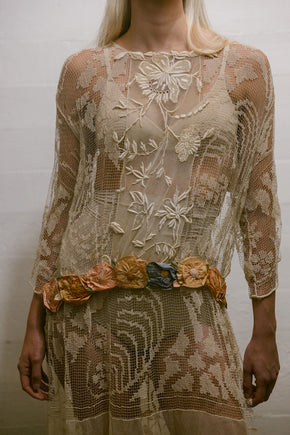 1920s filet lace net rossette dress