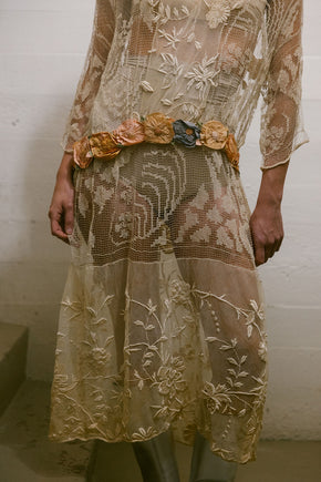 1920s filet lace net rossette dress