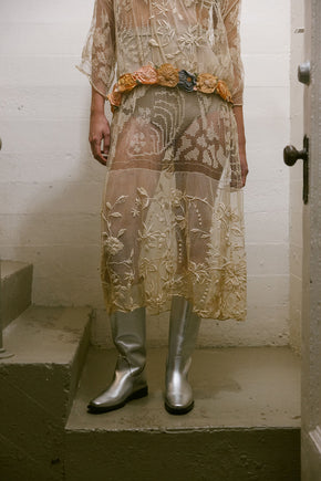 1920s filet lace net rossette dress