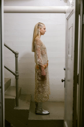 1920s filet lace net rossette dress