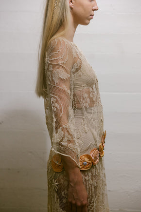 1920s filet lace net rossette dress